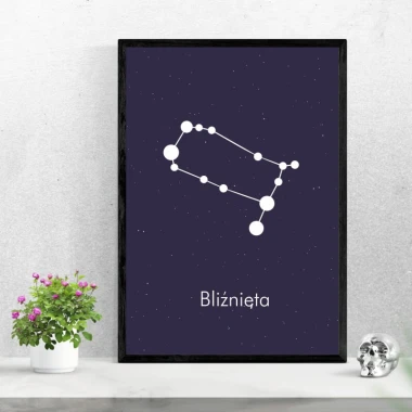 Gemini Zodiac Sign Poster 104 - Graphic design. White constellation on dark background with Gemini text.