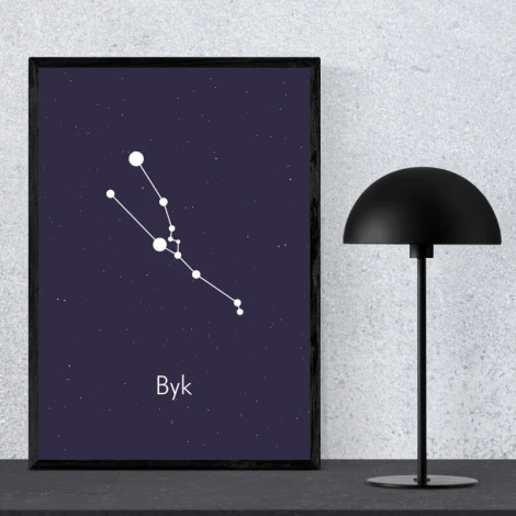 Taurus zodiac poster 103 - Graphic design with white stars forming the Taurus constellation on a dark background.