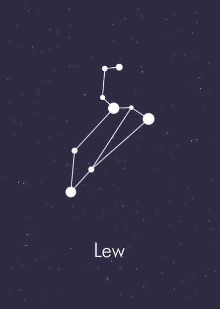Leo Zodiac Poster 106 - Graphic design with white stars connected by lines on a dark purple background. Text: Leo at the bottom.