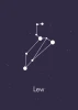 Leo Zodiac Poster 106 - Graphic design with white stars connected by lines on a dark purple background. Text: Leo at the bottom.