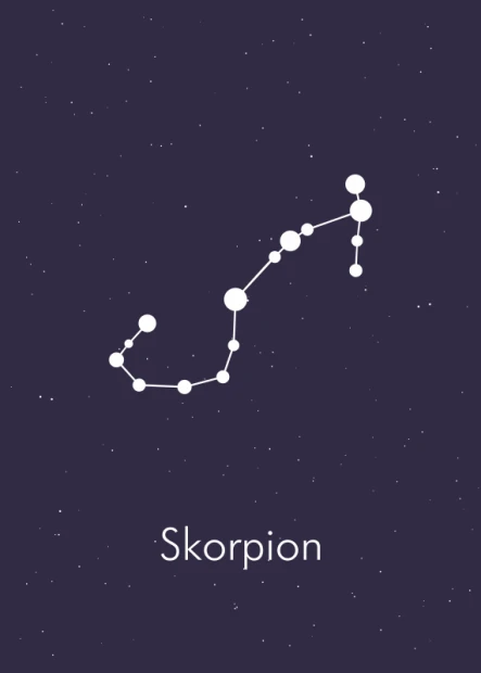 Scorpio zodiac poster 109 - Graphic design with white stars connected by lines on a dark background. Scorpio text at the bottom.