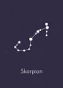 Scorpio zodiac poster 109 - Graphic design with white stars connected by lines on a dark background. Scorpio text at the bottom.