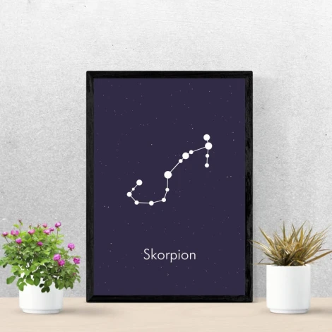Scorpio Zodiac Sign Poster 109 - Graphic design with a white constellation outline on a dark purple background.