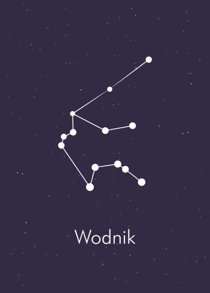 Aquarius Zodiac Sign Poster 112 - Graphic design with white stars on a dark purple background forming the constellation.