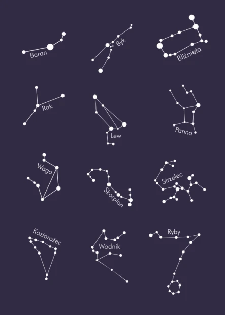 Zodiac Signs Poster 114 - Graphic design featuring white zodiac constellations on a dark background.