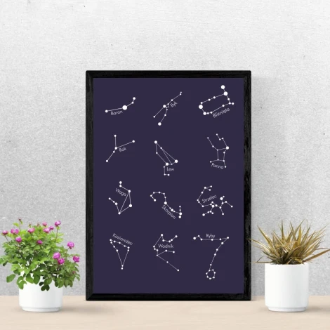 Zodiac Signs Poster 114 - Graphic design featuring white zodiac constellations on a dark background.