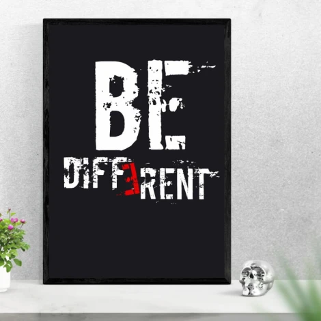 Be Different poster 149 - Graphic design with large white letters on a black background and red accent.