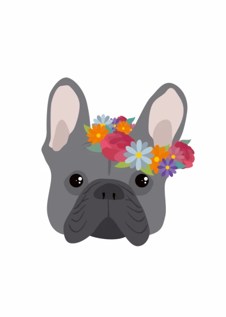 French Bulldog poster 166 - Graphic design featuring a bulldog\'s head with flowers on its ears.