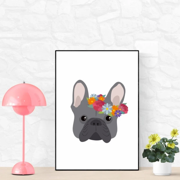 French Bulldog poster 166 - Living room decor with light-colored walls, modern furniture, and plants.