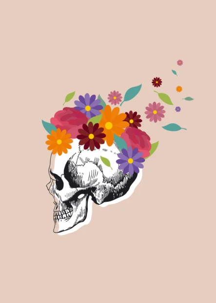 Skull and flowers poster 167 - Graphic design featuring a skull with colorful flowers and leaves in various shapes.