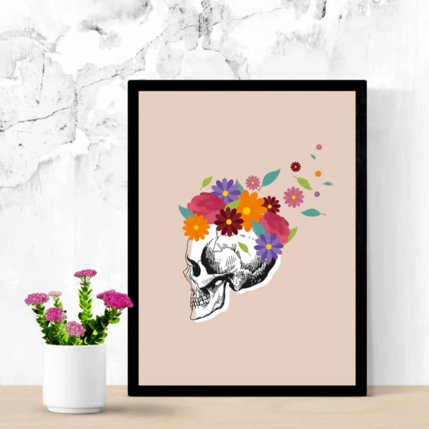 Skull and flowers poster 167 - Graphic design featuring a skull with colorful flowers and leaves on a light background.