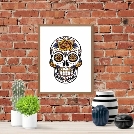 Mexican skull poster 190 - Living room decor with red bricks and potted plants.