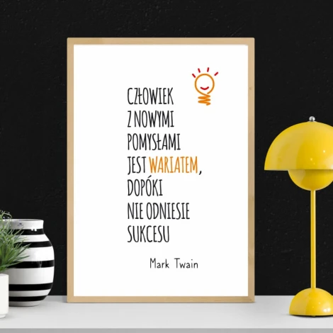 Poster "Man with Ideas 148" - Graphic design. White paper with text and a lamp in the top corner.