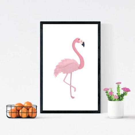 Flamingo poster 162 - Graphic design. Pink flamingo on a white background with a black beak and delicate feathers.