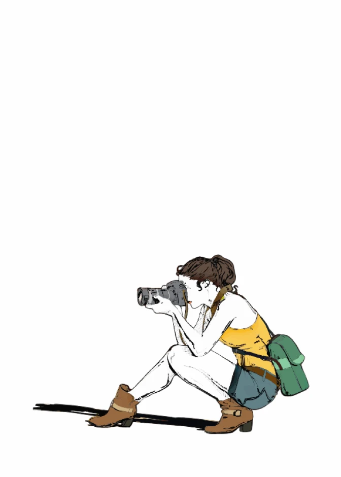 Photographic poster 188 - Graphic design. Woman in a yellow blouse sitting with a camera and a bag on her shoulder.