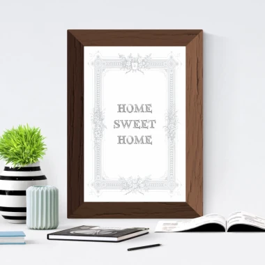 Home sweet home poster 159 - Graphic design. Brown wooden frame, gray text, decorative elements.