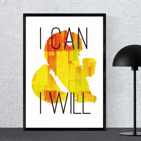 I can & I will poster 152 - Graphic design with colorful yellow and orange splashes, large black letters.