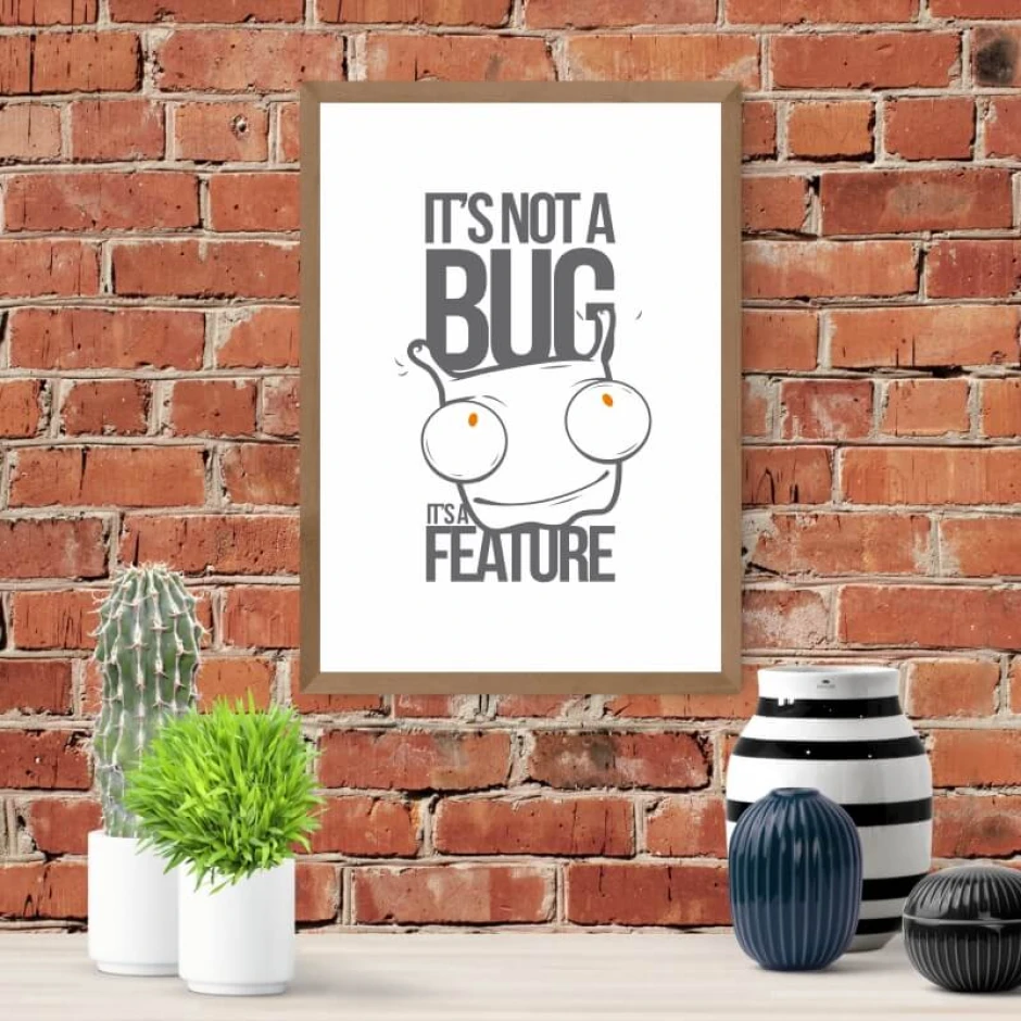 Poster Its not a bug 156 - Room arrangement with a brown brick wall, plants, and decorations.