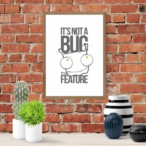 Poster Its not a bug 156 - Room arrangement with a brown brick wall, plants, and decorations.