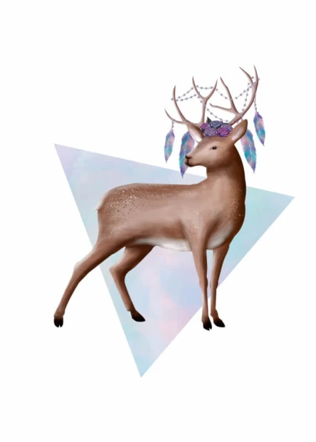 Deer poster 161 - Graphic design featuring a deer with antlers adorned with feathers and flowers against a triangle background.
