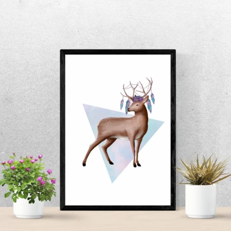 Deer poster 161 - Graphic design featuring a deer with colorful feathers on its antlers in a pastel triangle.