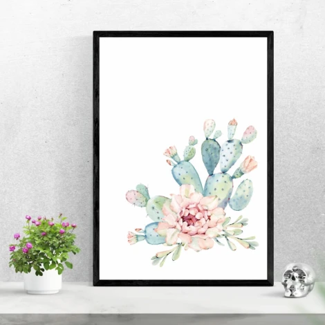 Cactus poster 164 - Graphic design featuring cacti in various shapes and colors with pink flowers on a white background.