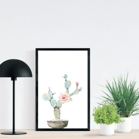 Cactus poster 165 - Graphic design featuring a potted cactus with pink flowers on a white background.
