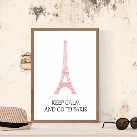Keep calm and go to Paris poster 155 - Graphic design. Pink Eiffel Tower on a white background with text.