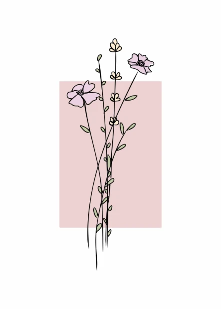 Floral poster 168 - Graphic design featuring two pink flowers with green leaves on a pink background.
