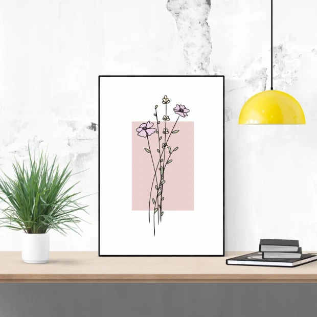 Floral poster 168 in a modern living room, featuring a soft pink background and minimalist design.
