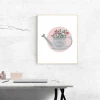 Floral poster featuring a watering can with flowers on a white background and a round pink accent.