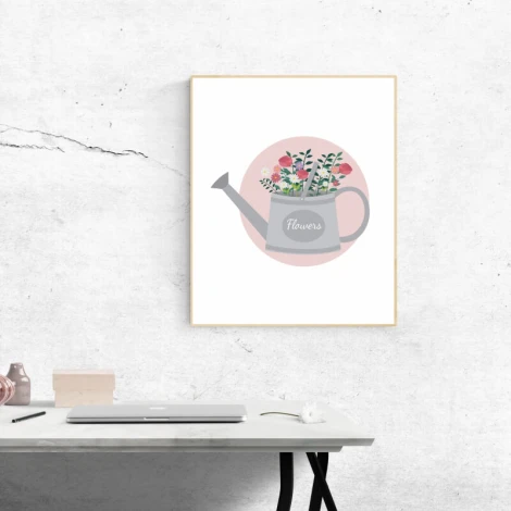 Floral poster featuring a watering can with flowers on a white background and a round pink accent.