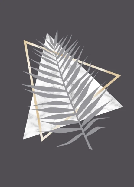 Marble Leaf Poster 184 - Graphic design featuring a palm leaf against geometric shapes in shades of gray and beige.
