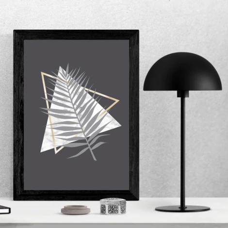 Marble Leaf Poster 184 - Graphic design featuring a palm leaf in gray and white tones on a dark gray background.