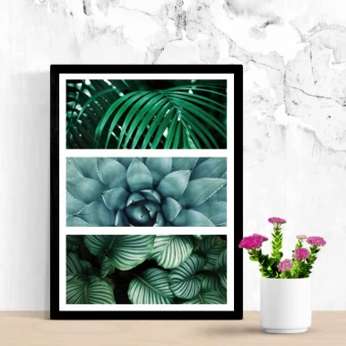 Leaf Poster 182 - Graphic design featuring three horizontal sections with green leaves and plants in various shapes.