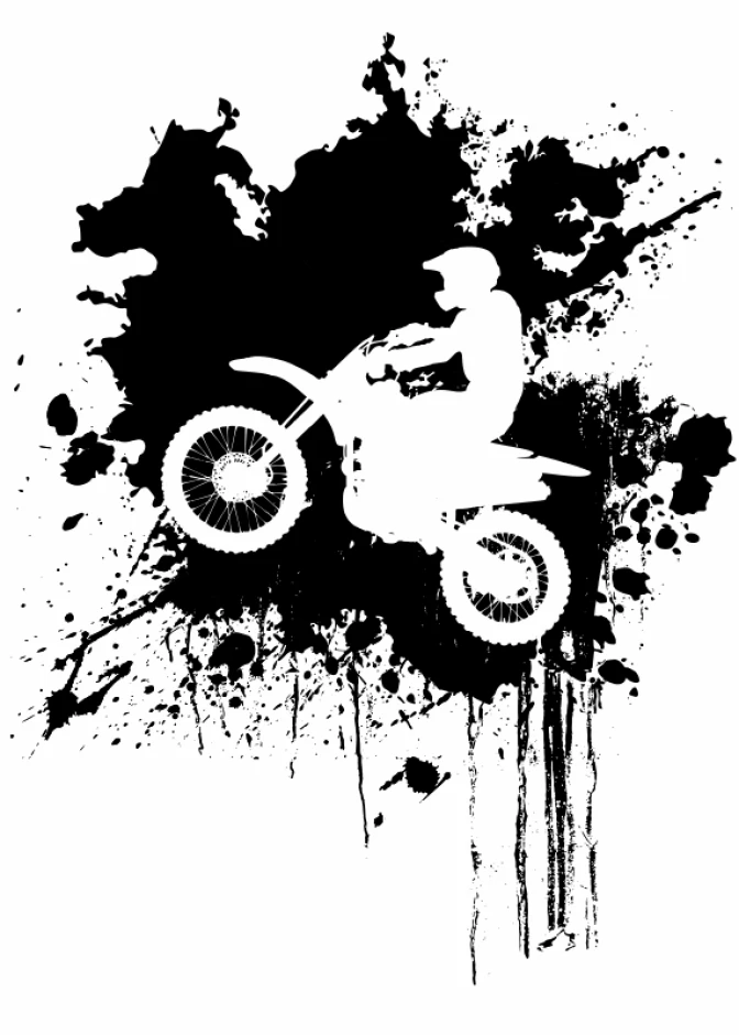 Motocross poster 189 - Graphic design featuring a motorcycle in motion against a backdrop of black splashes and paint drops.