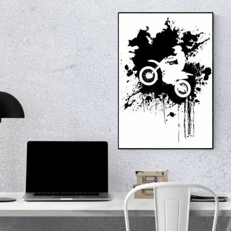 Motocross poster 189 - Graphic design featuring a motorcyclist against a backdrop of black and white splashes.