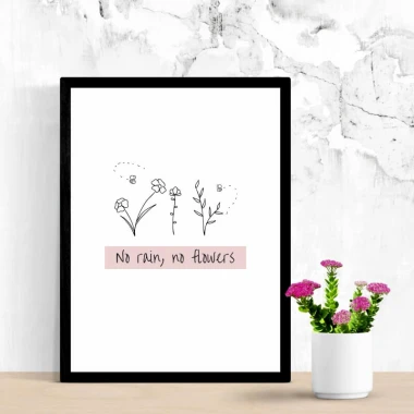 Poster No Rain No Flowers 169 - Graphic design featuring flower illustrations and text on a white background.