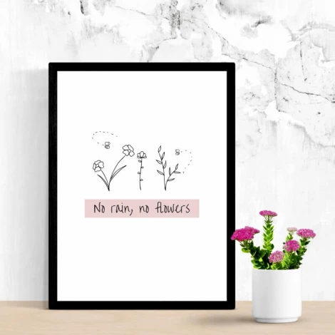 Poster No Rain No Flowers 169 - Graphic design featuring flower illustrations and text on a white background.