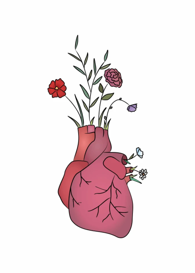 Heart flowers poster 172 - Graphic design featuring a heart with flowers, various colors, leaves, and different flower shapes.