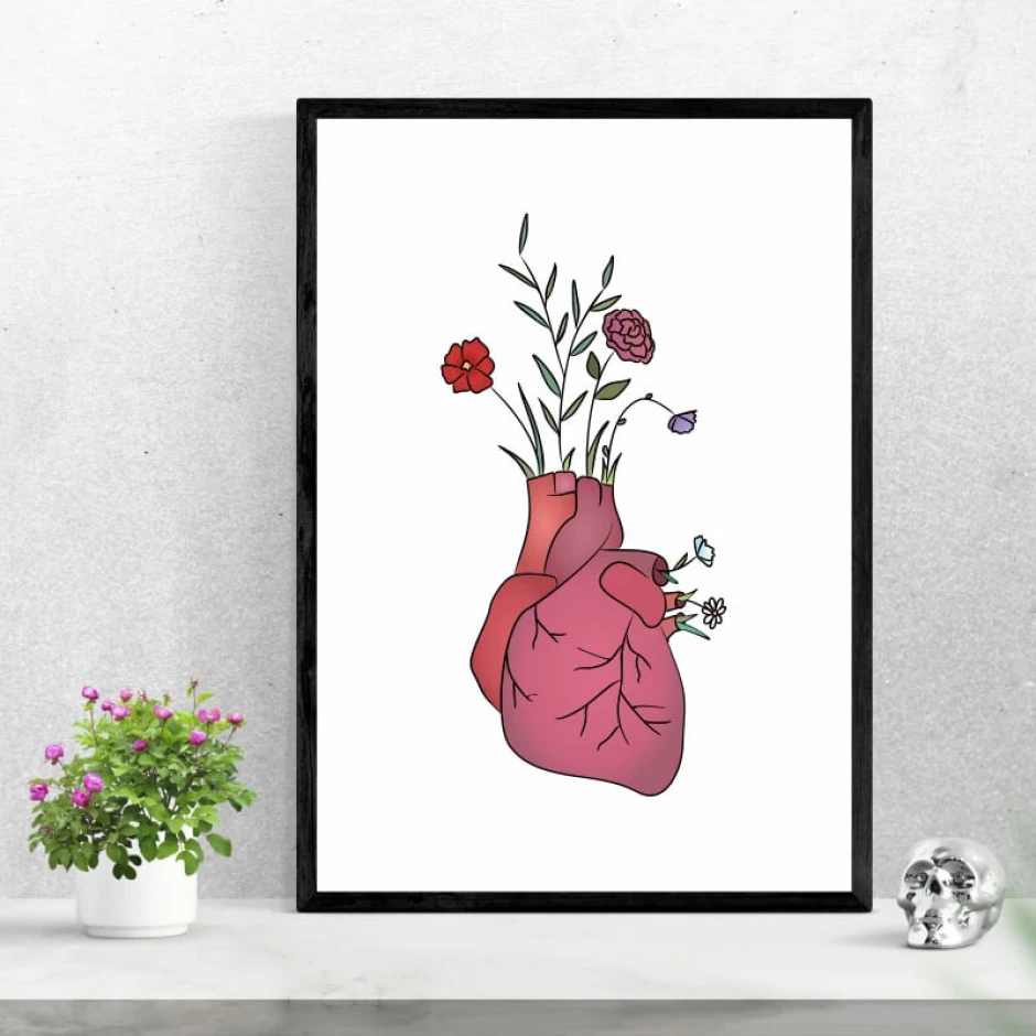Heart and flowers poster 172 - Graphic design featuring a heart with flowers in various colors and plants emerging from it.