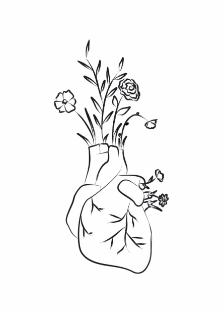 Heart and flowers poster 173 - Graphic design featuring a heart adorned with flowers, leaves, and stems.