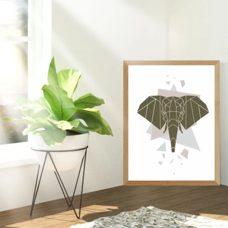 Elephant poster 160 - Styled in a living room with light walls, modern furniture, and greenery.