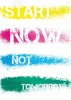 Poster "Start now not tomorrow 147" - Graphic design with text in yellow, pink, and blue on a white background.