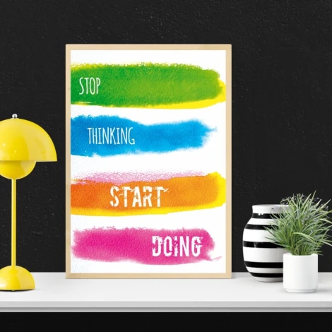 Poster Stop Thinking Start Doing 146 - Graphic design. Colorful stripes in green, blue, orange, and pink.