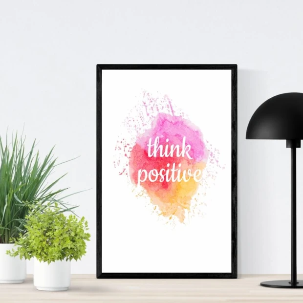 Think Positive poster 145 - Graphic design with colorful splashes in pink and orange featuring the text "think positive".