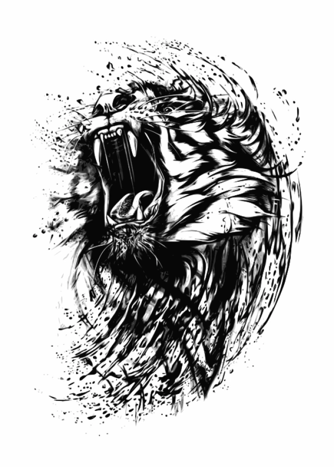 Tiger poster 163 - Graphic design featuring a tiger with an open mouth, dynamic lines, and black spots.
