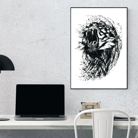 Tiger poster 163 - Office arrangement. Gray walls, minimalist furniture, black lamp.