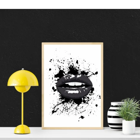 Poster of lips 187 - Graphic design. Black lips on a white background with black shade splashes.