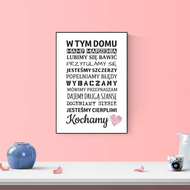 Poster In This House 157 - Graphic design with text in various fonts and colors on a pink background.